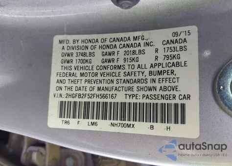 2015 Honda Civic Lx из США, поврежденный, VIN 2HGFB2F52FH566167